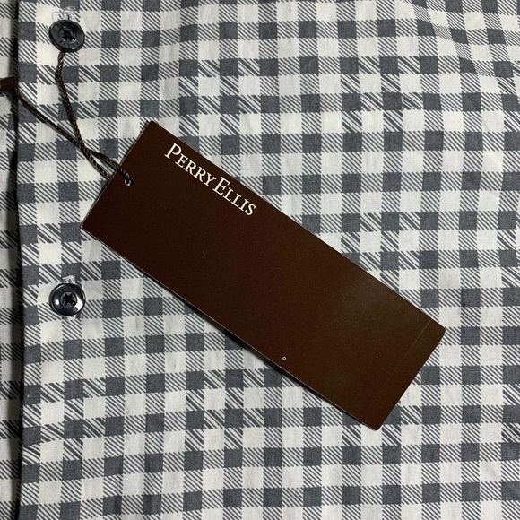 Perry Ellis Mens Medium Gray Check Plaid Linen Button Up Shirt New With Tags - Picture 10 of 10